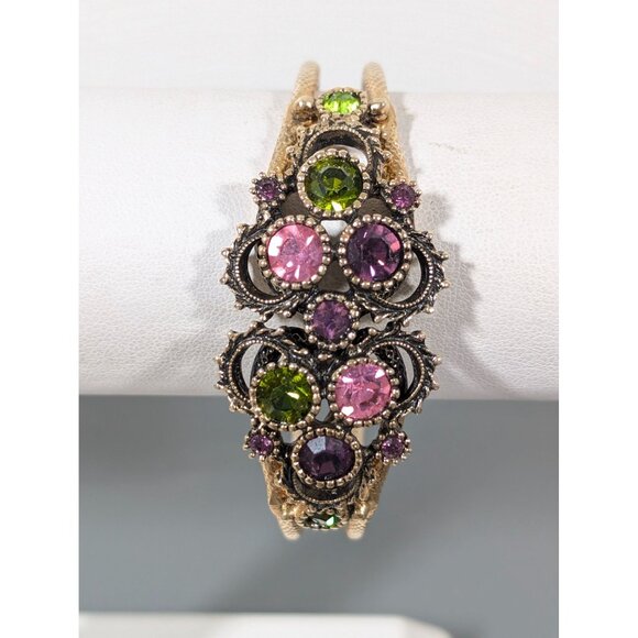 Vintage Sarah Coventry Austrian Lites Bracelet Purple Green Rhinestone Clamper 6 - Picture 1 of 10